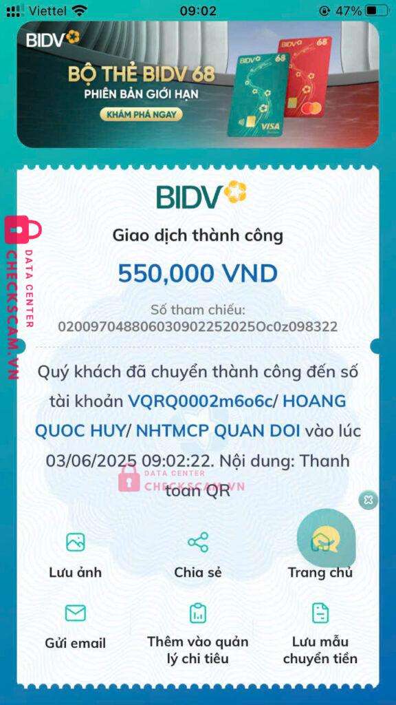 1199283865555 Hoang Quoc Huy MB bị cảnh báo lừa đảo scam
