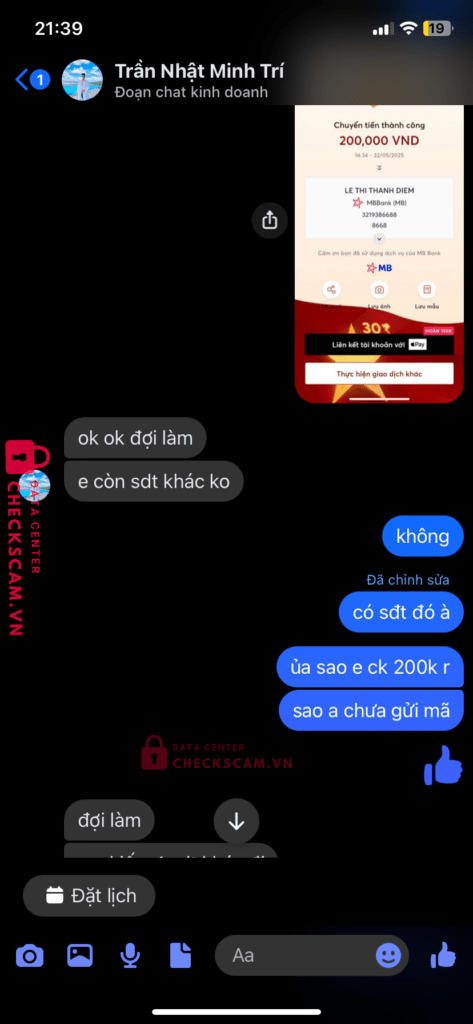 3219386688 Le Thi Thanh Diem MB bị cảnh báo lừa đảo scam