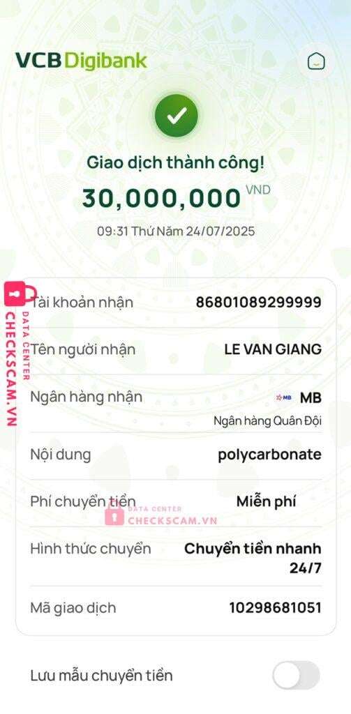86801089299999 Le Van Giang MB bị cảnh báo lừa đảo scam
