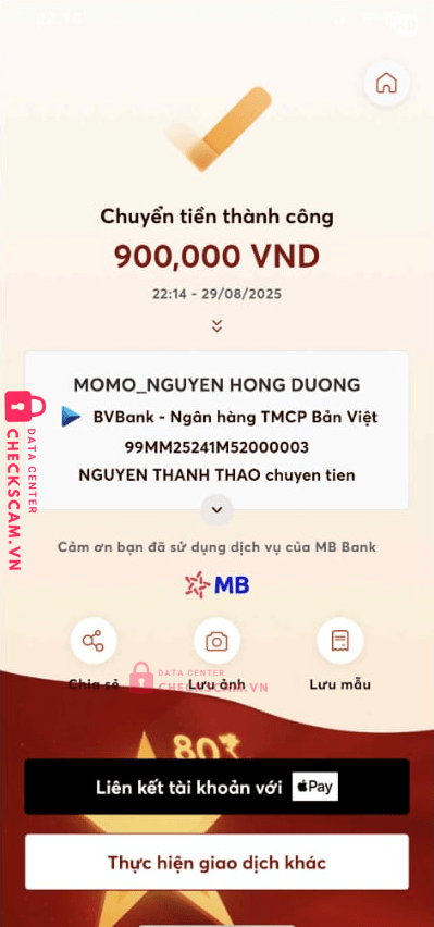 99MM25241M52000003 Nguyen Hong Duong BV BANK bị cảnh báo lừa đảo scam