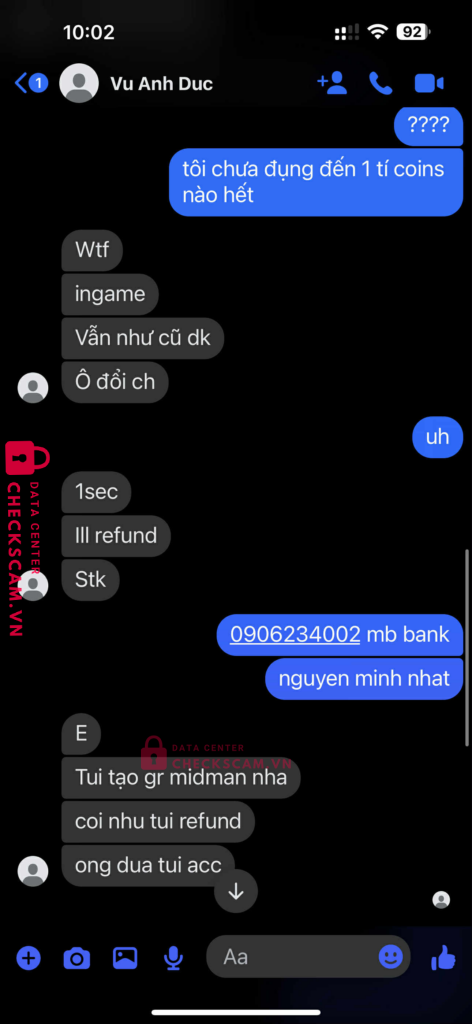 3019012009 VU ANH DUC MB bị cảnh báo lừa đảo scam