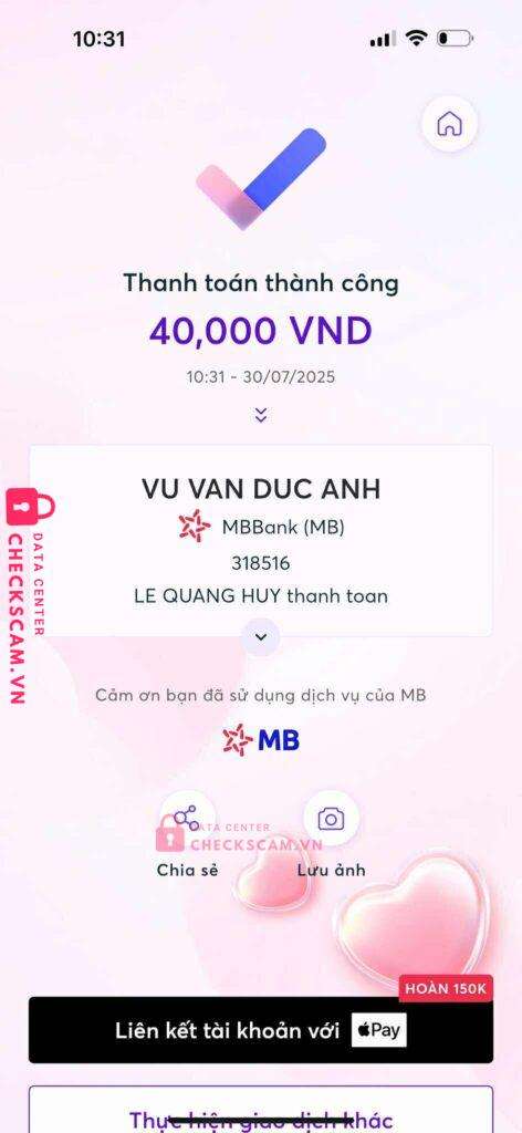318516 VU VAN DUC ANH MB BANK bị cảnh báo lừa đảo scam