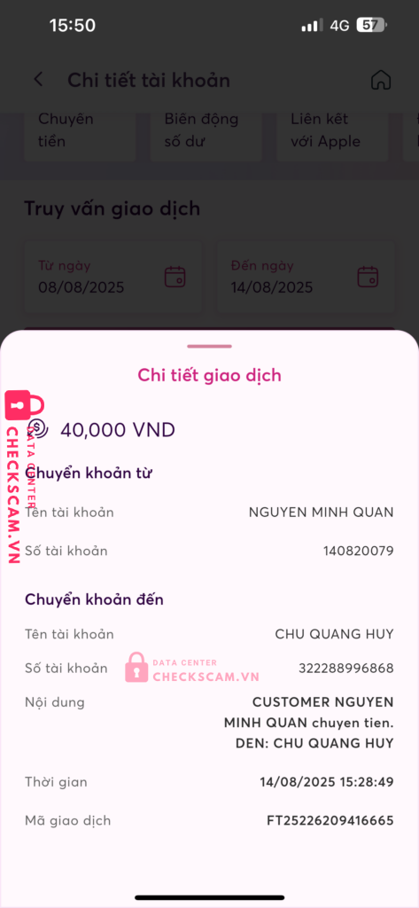 322288996868 CHU QUANG HUY MB bị cảnh báo lừa đảo scam