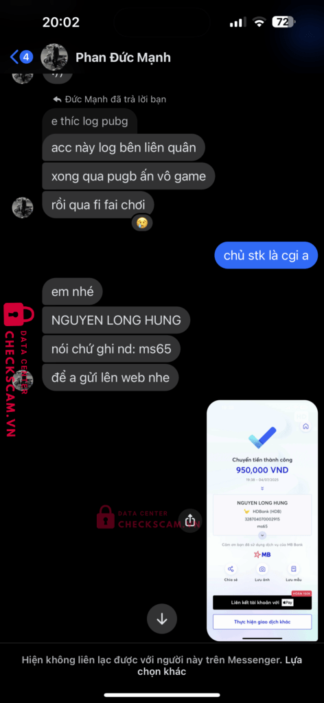 328704070002915 NGUYEN LONG HUNG HD BANK bị cảnh báo lừa đảo scam