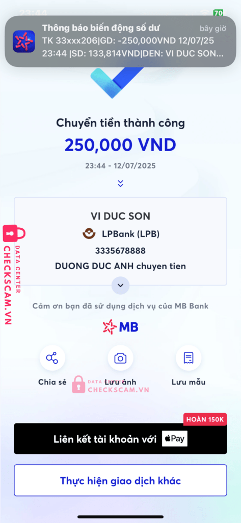 3335678888 VI DUC SON LP BANK bị cảnh báo lừa đảo scam