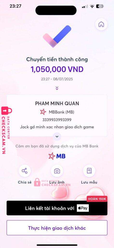 3339933993399 PHAM MINH QUAN MB bị cảnh báo lừa đảo scam
