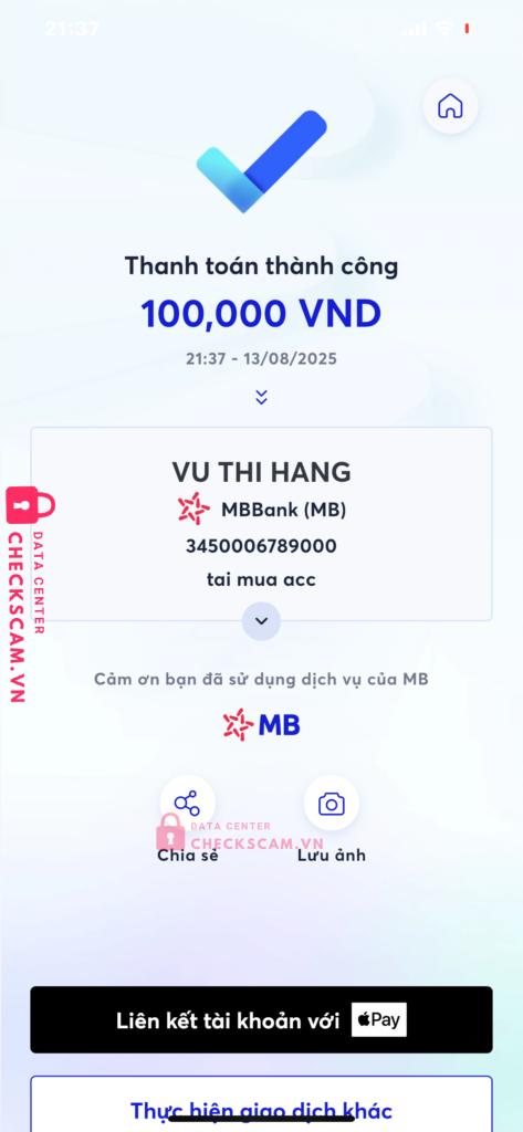 3450006789000 VU THI HANG MB bị cảnh báo lừa đảo scam