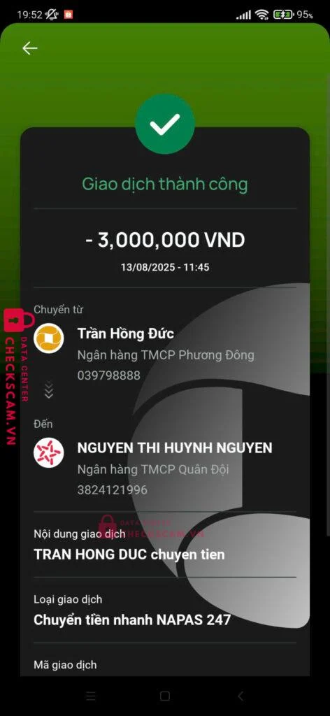 3824121996 NGUYEN THI HUYNH NGUYEN MB bị cảnh báo lừa đảo scam