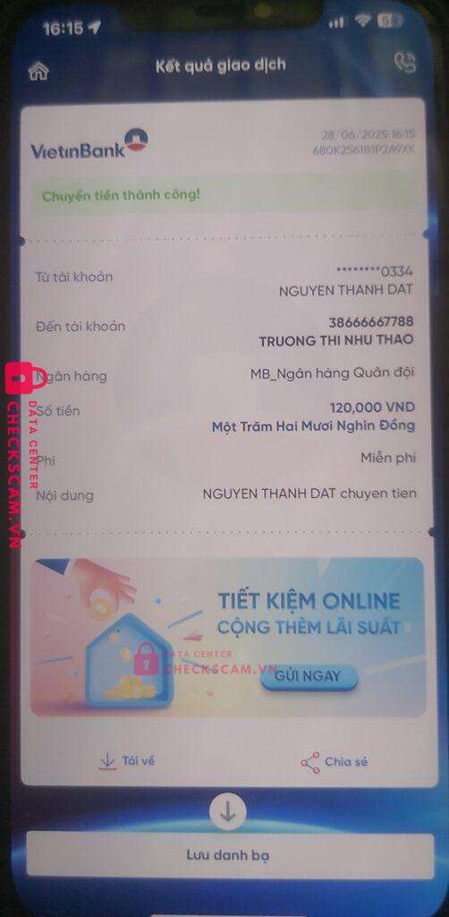 38666667788 TRUONG THI NHU THAO MB bị cảnh báo lừa đảo scam