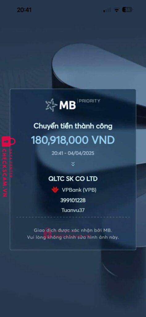399101228 QLTC SK CO LTD VP BANK bị cảnh báo lừa đảo scam