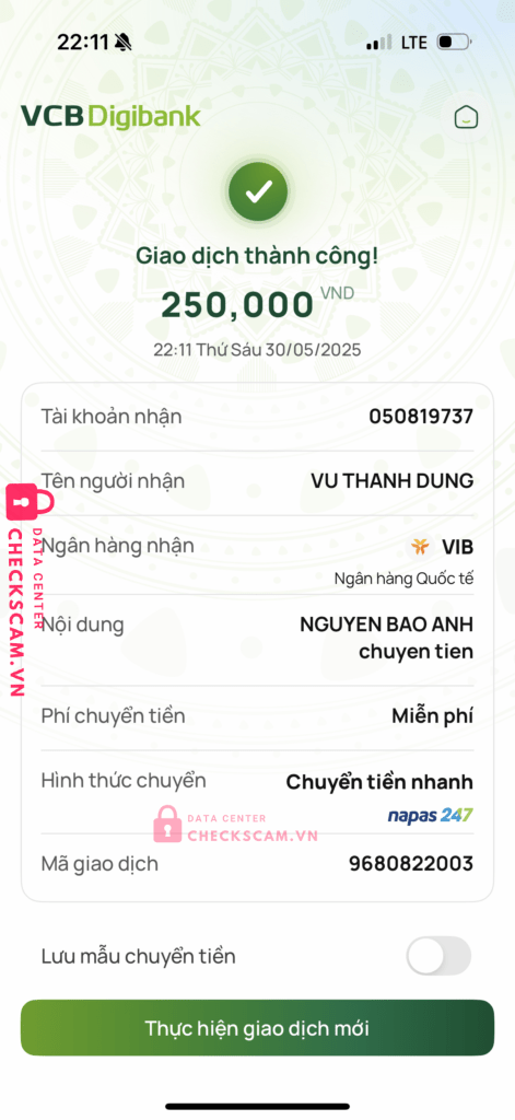 050819737 Vu Thanh Dung VIB bị cảnh báo lừa đảo scam