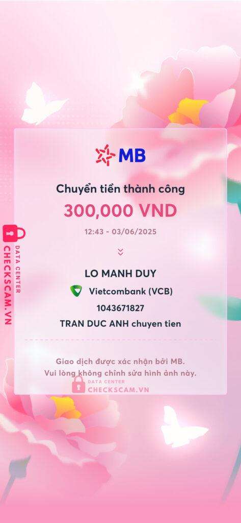 1043671827 Lo Manh Duy VCB bị cảnh báo lừa đảo scam