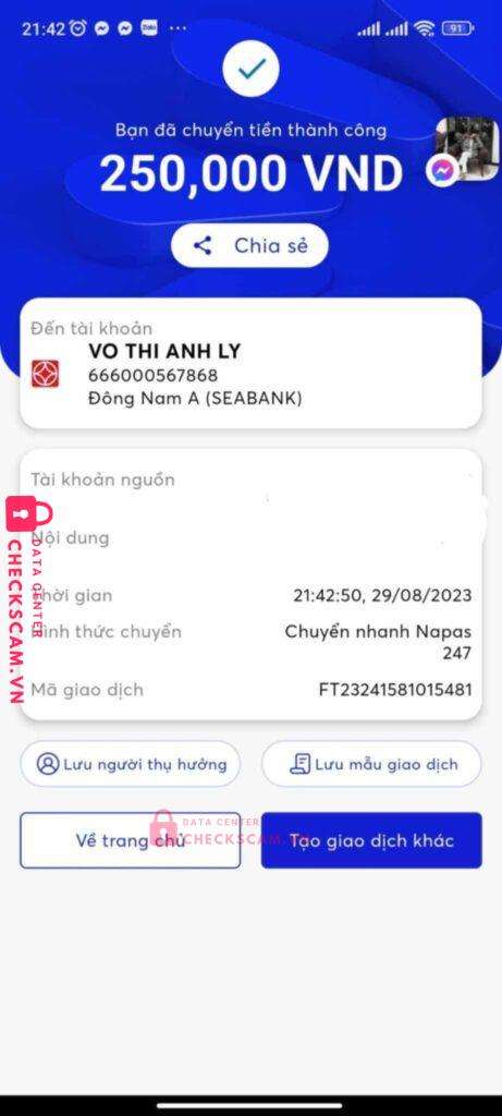 666000567868 Vo Thi Anh Ly SeABank bị cảnh báo lừa đảo scam