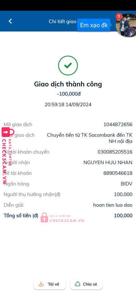 8890546618 Nguyen Huu Nhan BIDV bị cảnh báo lừa đảo scam