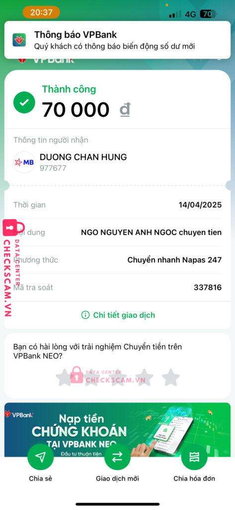 977677 Duong Chan Hung MB bị cảnh báo lừa đảo scam