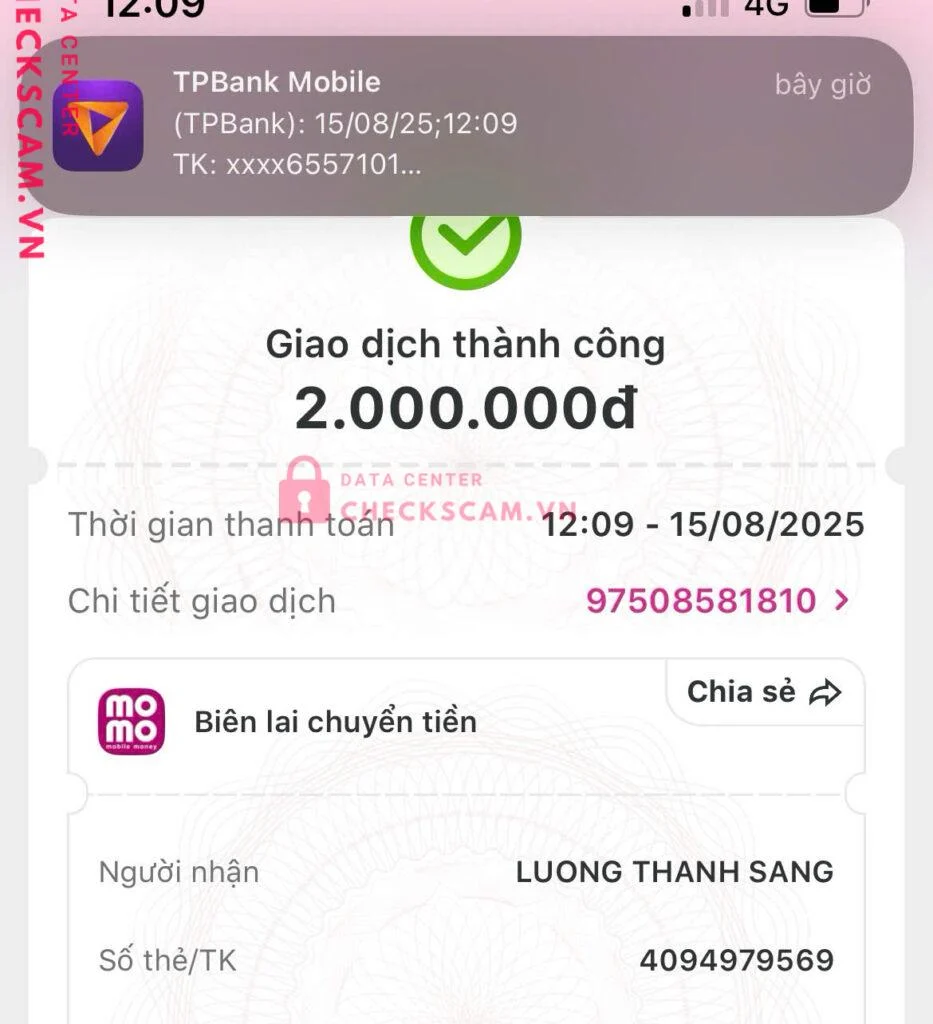 4094979569 LUONG THANH SANG VP BANK bị cảnh báo lừa đảo scam
