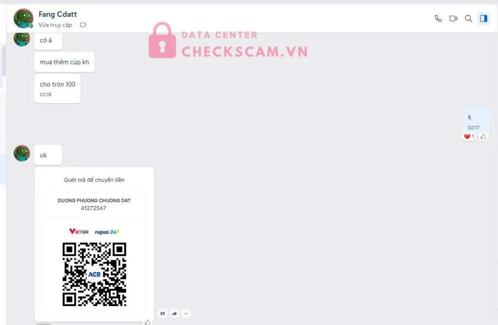 41272547 DUONG PHUONG CHUONG DAT ACB bị cảnh báo lừa đảo scam