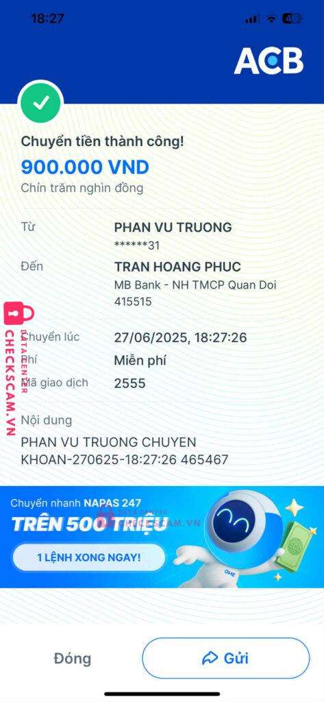 415515 TRAN HOANG PHUC MB bị cảnh báo lừa đảo scam