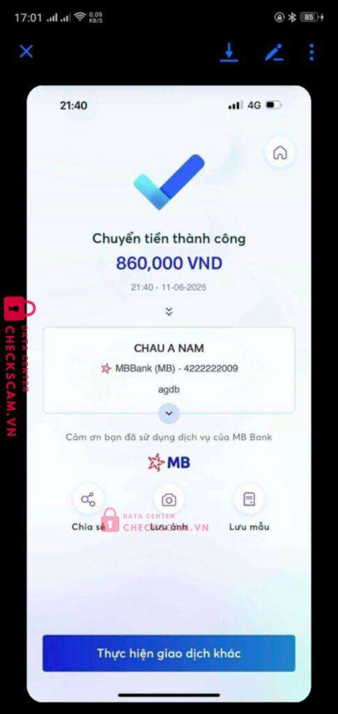 4222222009 CHAU A NAM MB bị cảnh báo lừa đảo scam