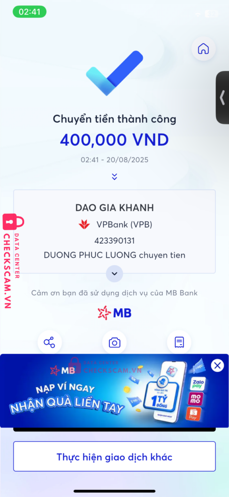 423390131 DAO GIA KHANH VP BANK bị cảnh báo lừa đảo scam
