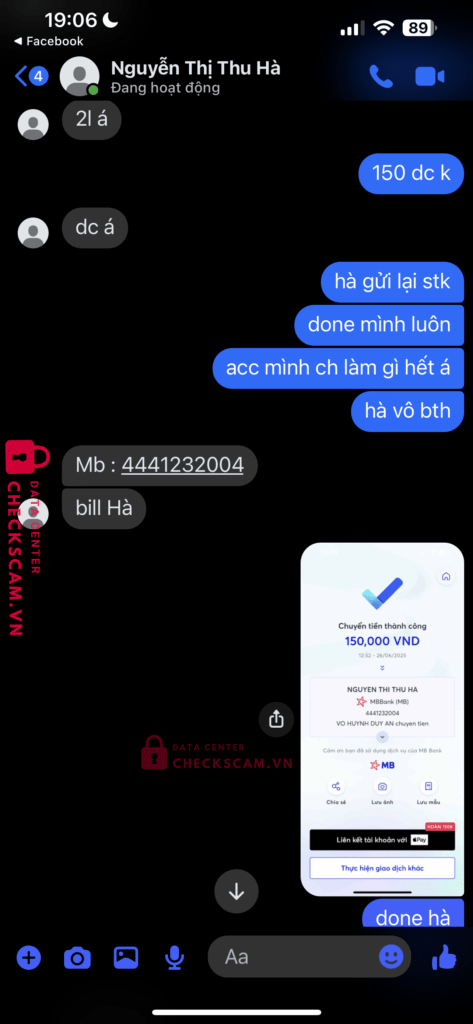 4441232004 NGUYEN THI THU HA MB bị cảnh báo lừa đảo scam