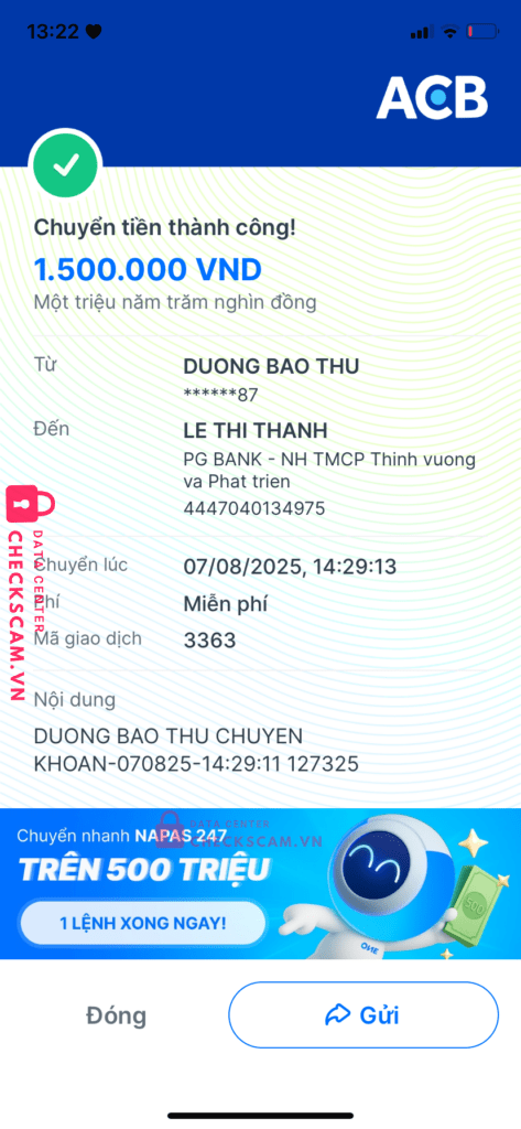 4447040134975 LE THI THANH PG BANK bị cảnh báo lừa đảo scam