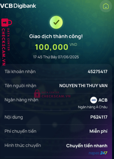 45275417 NGUYEN THI THUY VAN ACB bị cảnh báo lừa đảo scam