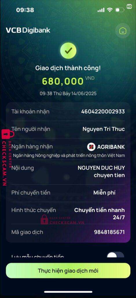 4604220002933 NGUYEN TRI THUC Agribank bị cảnh báo lừa đảo scam