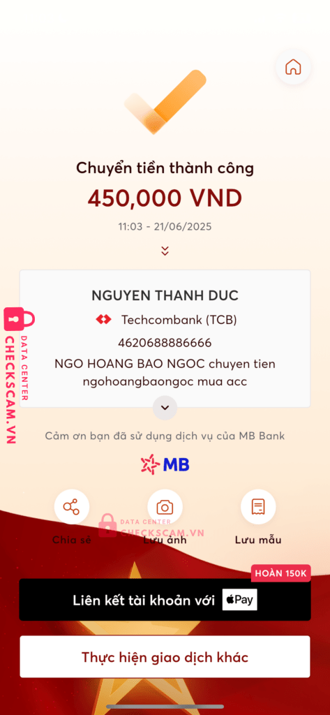 4620688886666 NGUYEN THANH DUC Techcombank bị cảnh báo lừa đảo scam