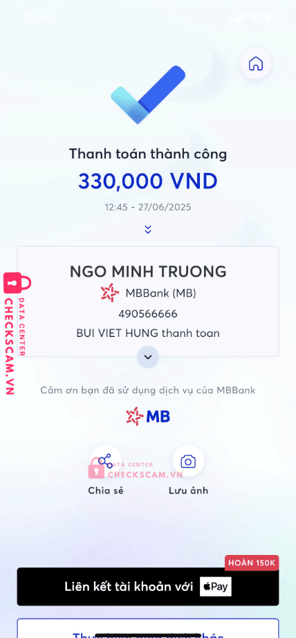 490566666 NGO MINH TRUONG MB bị cảnh báo lừa đảo scam