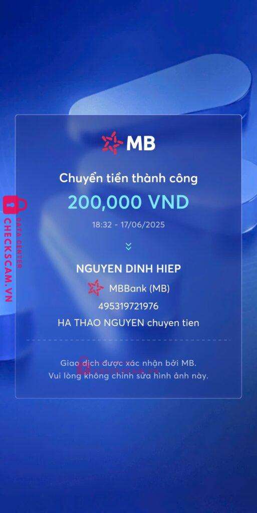 495319721976 NGUYEN DINH HIEP MB bị cảnh báo lừa đảo scam