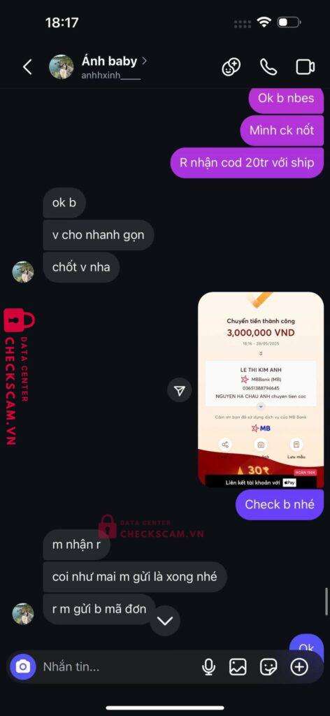 03651388794645 Le Thi Kim Anh MB bị cảnh báo lừa đảo scam