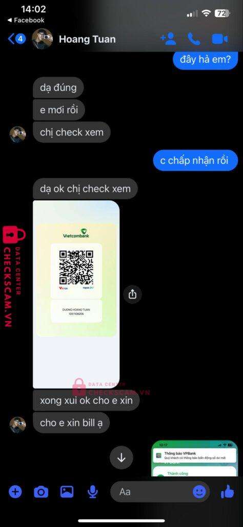 1051108206 Duong Hoang Tuan VCB bị cảnh báo lừa đảo scam