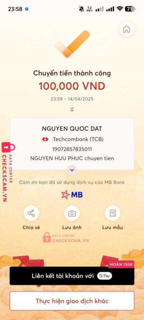 19072857835011 Nguyen Quoc Dat Techcombank bị cảnh báo lừa đảo scam