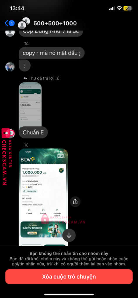 5120840076 CAO THI THU BIDV bị cảnh báo lừa đảo scam