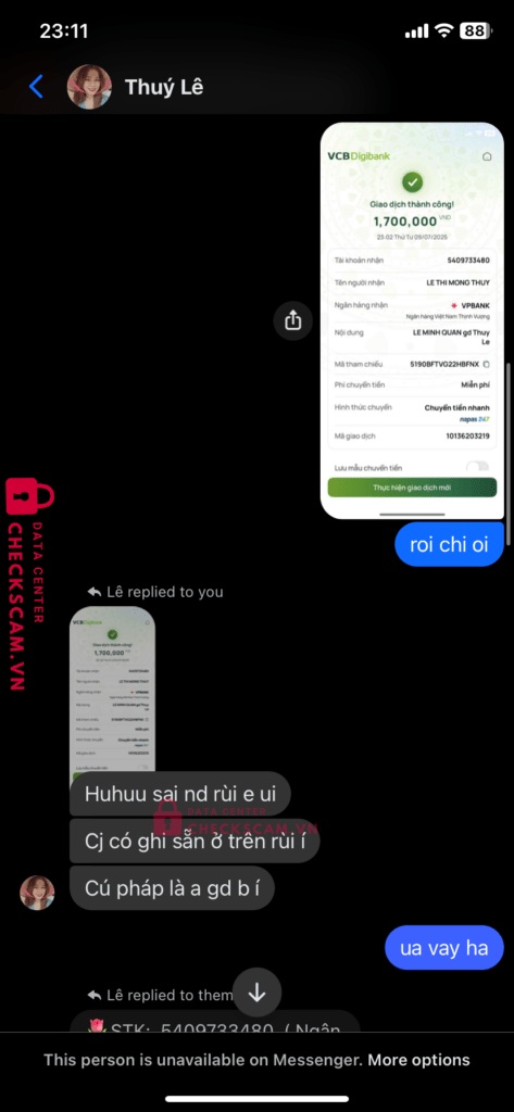 5409733480 LE THI MONG THUY VP BANK bị cảnh báo lừa đảo scam