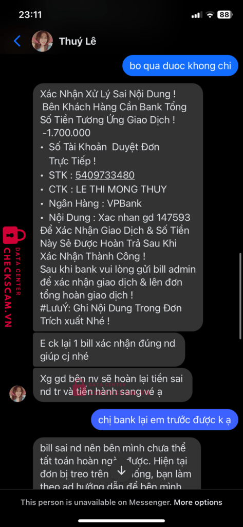 5409733480 LE THI MONG THUY VP BANK bị cảnh báo lừa đảo scam