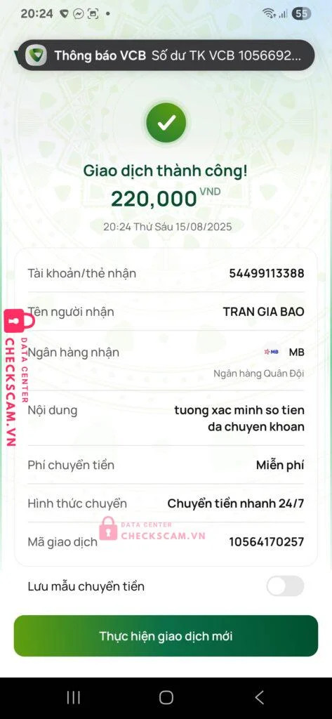 54499113388 TRAN GIA BAO MB bị cảnh báo lừa đảo scam