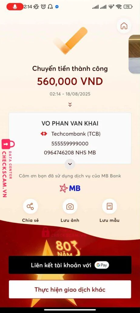 555559999000 VO PHAN VAN KHAI Techcombank bị cảnh báo lừa đảo scam