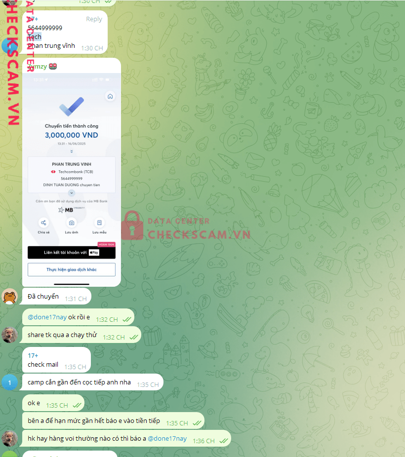5644999999 PHAN TRUNG VINH Techcombank bị cảnh báo lừa đảo scam