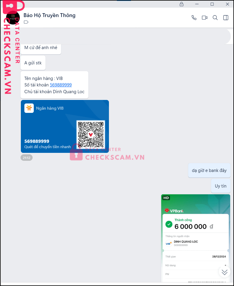 569889999 Dinh Quang Loc VIB bị cảnh báo lừa đảo scam