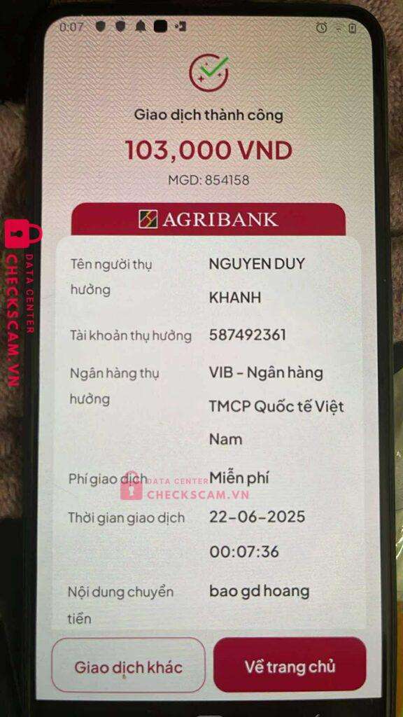 587492361 NGUYEN DUY KHANH VIB bị cảnh báo lừa đảo scam