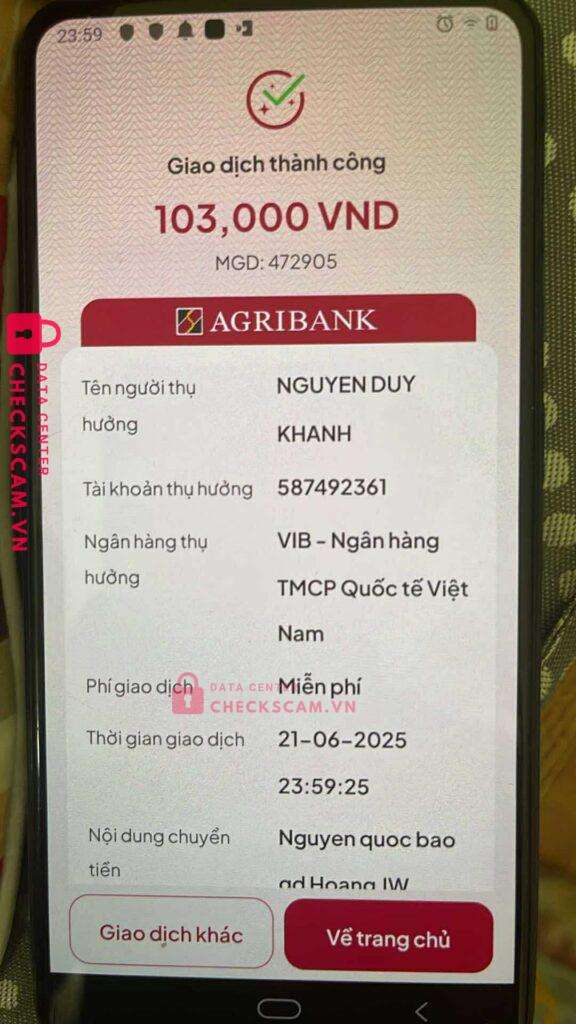 587492361 NGUYEN DUY KHANH VIB bị cảnh báo lừa đảo scam