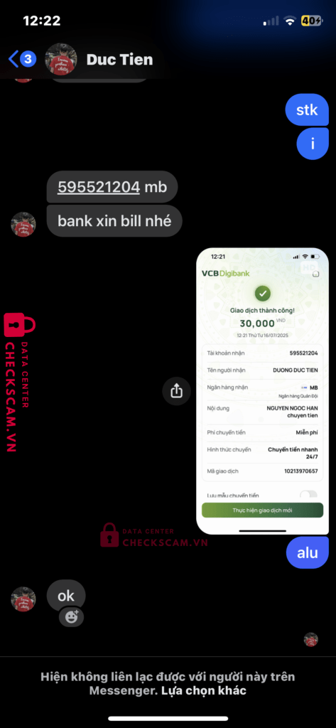 595521204 Duong Duc Tien MB bị cảnh báo lừa đảo scam