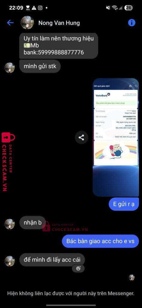 59999888877776 NONG VAN HUNG MB bị cảnh báo lừa đảo scam