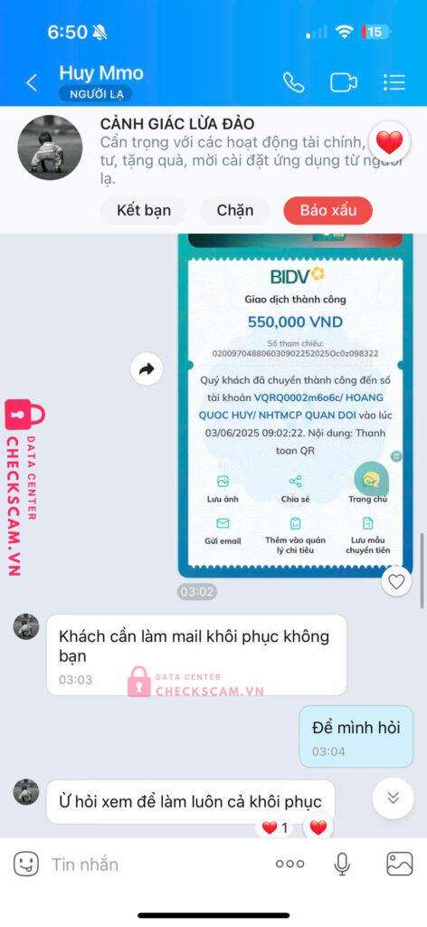 1199283865555 Hoang Quoc Huy MB bị cảnh báo lừa đảo scam