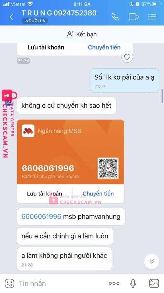 6606061996 Pham Van Hung MSB bị cảnh báo lừa đảo scam