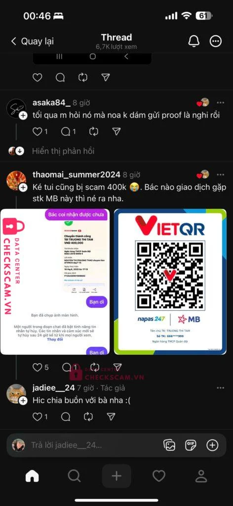 6662201999999 TRUONG THI TAM MB bị cảnh báo lừa đảo scam