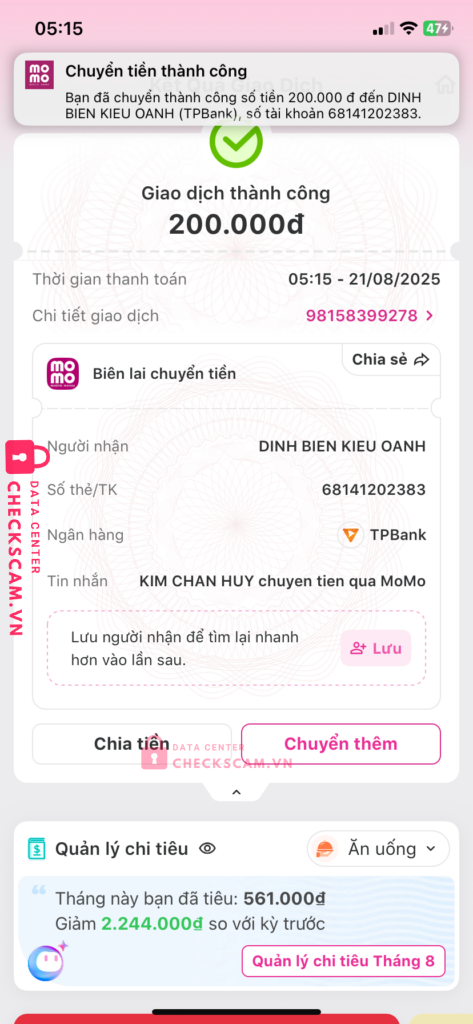 68141202383 Dinh Bien Kieu Oanh TP BANK bị cảnh báo lừa đảo scam