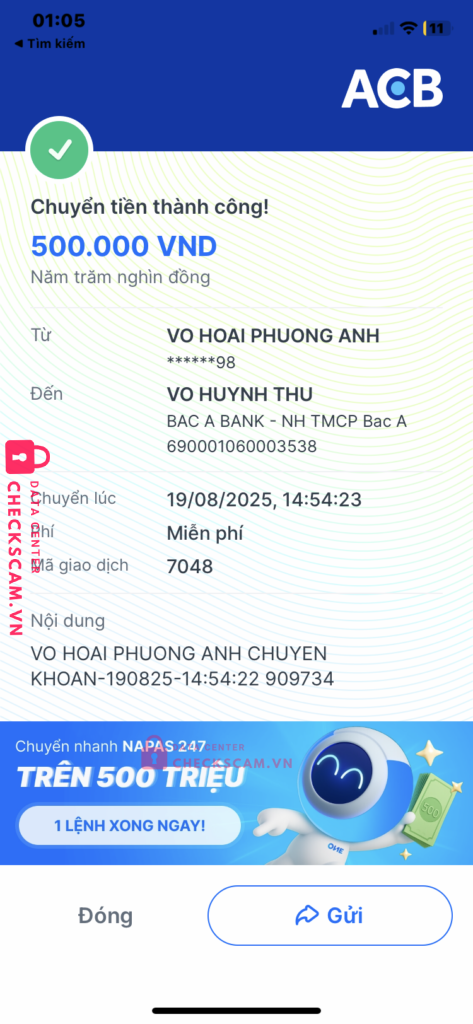 690001060003538 VO HUYNH THU BAC A BANK bị cảnh báo lừa đảo scam